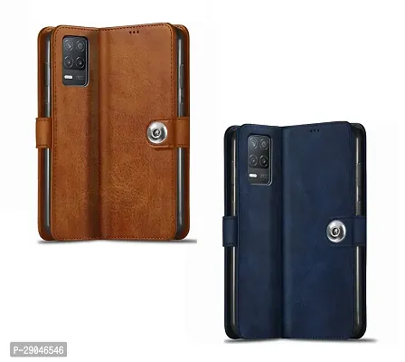 COVERBLACK Combo 2 Flip Cover for Realme RMX3241 / Realme8 5G | Wallet Stylish Button Magnetic for Realme 8 5G - Brown / Blue-thumb0