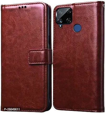 COVERBLACK Dual Protection Artificial Leather::Plastic Flip Cover for Realme C15 - Executive Brown-thumb0