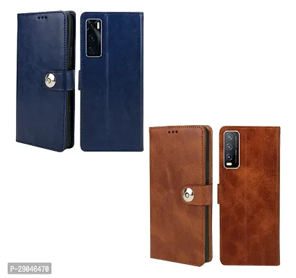 COVERBLACK Combo 2 Flip Cover for Vivo V2029 / Vivo Y20 | Wallet Stylish Button Magnetic - Brown / Blue