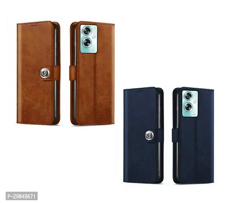 COVERBLACK Genuine Leather Finish Combo 2 Flip Cover for OPPO CPH2553 / OPPO _A79 5G | Wallet Button Magnetic for OPPO A79 5G - Brown / Blue-thumb0