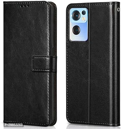 Classy Grip Case Artificial Leather And Rubber Flip Cover For Oppo Reno7 5G - Venom Black