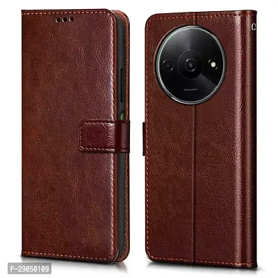 COVERBLACK Leather Finish imported TPU Wallet Stand Magnetic Closure Flip Cover for POCO C61 - Tan Brown-thumb0