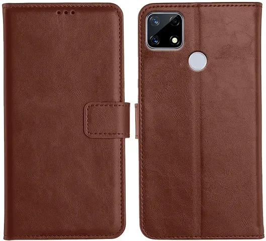 Cloudza Realme Narzo 20 Flip Back Cover | PU Leather Flip Cover Wallet Case with TPU Silicone Case Back Cover for Realme Narzo 20 Brown