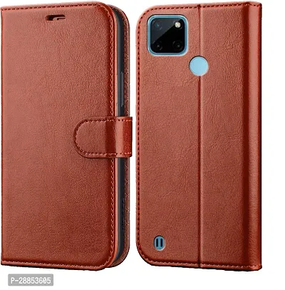 Classy Dual Protection Artificial Leather Flip Cover For Realme C21Y - Brown-thumb0