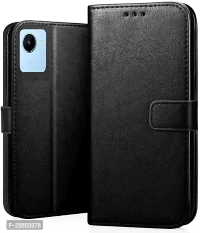 Classy Magnetic Case Artificial Leather Flip Cover For Realme C30 - Venom Black-thumb0