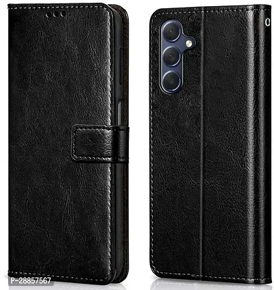 Classy Dual Protection Artificial Leather And Rubber Flip Cover For Samsung Galaxy M34 5G - Venom Black-thumb0