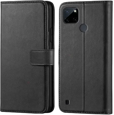 Cloudza Realme C25Y Flip Back Cover | PU Leather Flip Cover Wallet Case with TPU Silicone Case Back Cover for Realme C25Y Black