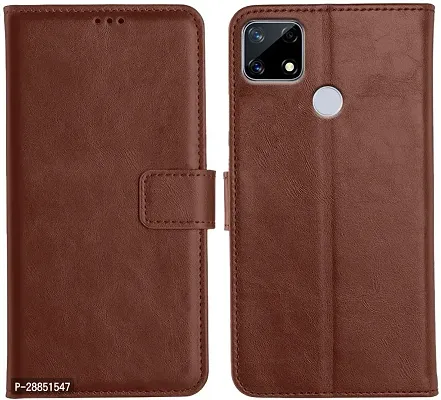 COVERBLACK Magnetic Case Artificial Leather::Plastic Flip Cover for Realme C15 - Executive Brown-thumb0