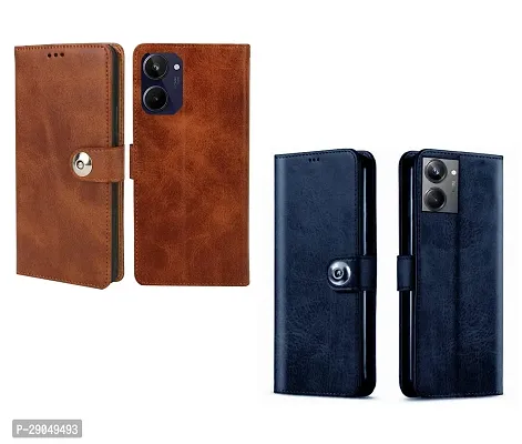 COVERBLACK Case Leather Finish Combo 2 Flip Cover for Realme RMX3630 / Realme_10 | Wallet Button Magnetic for Realme 10 4G - Brown / Blue-thumb0