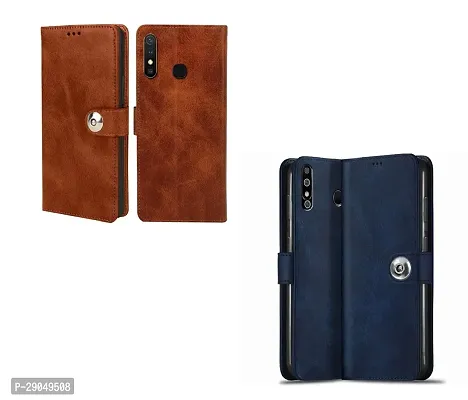 COVERBLACK Infinix Hot 8 Combo 2 Flip Cover | Wallet Button Magnetic Leather Case for Infinix Hot 8 - Blue / Brown-thumb2