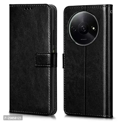 COVERBLACK Leather Finish imported TPU Wallet Stand Magnetic Closure Flip Cover for REDMI A3 ( New 2023) - Starry Black-thumb0