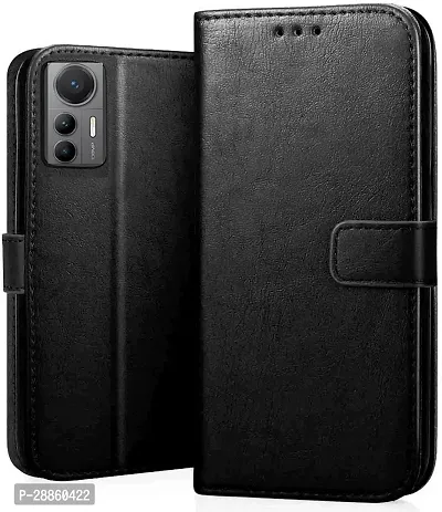 COVERBLACK Dual Protection Artificial Leather::Silicon Flip Cover for Mi 2203129G / MI 12Lite - Vintage Starry Black