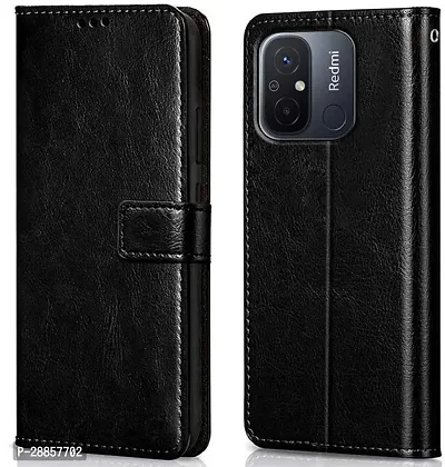 COVERBLACK Dual Protection Artificial Leather::Rubber Flip Cover for REDMI 12C - Venom Black-thumb0