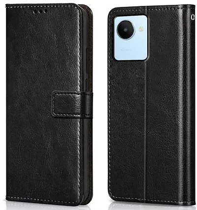Cloudza Realme C30 Flip Back Cover | PU Leather Flip Cover Wallet Case with TPU Silicone Case Back Cover for Realme C30 Bk