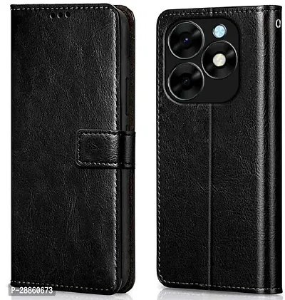 COVERBLACK Dual Protection Artificial Leather::Rubber Flip Cover for Spark Go 2024 /Tecno Pop8 - Gravity Black-thumb0