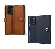 COVERBLACK Vivo V27 5G Combo 2 Flip Cover | Wallet Button Magnetic Leather Case for Vivo V27 5G - Blue / Brown-thumb1