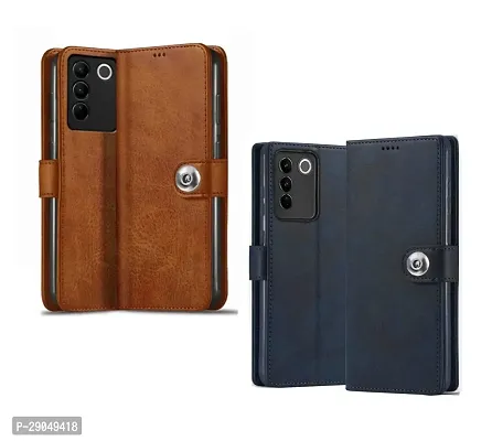 COVERBLACK Vivo V27 5G Combo 2 Flip Cover | Wallet Button Magnetic Leather Case for Vivo V27 5G - Blue / Brown-thumb2