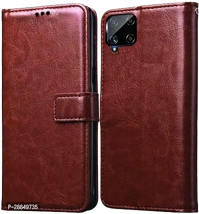 COVERBLACK Dual Protection Artificial Leather::Rubber Flip Cover for Samsung Galaxy A12 - Executive Brown-thumb0