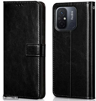 COVERBLACK Dual Protection Artificial Leather::Rubber Flip Cover for REDMI 12C - Venom Black-thumb0