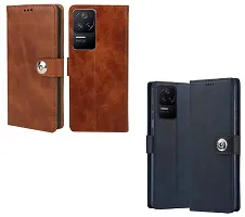 COVERBLACK POCO F4 5G Combo 2 Flip Cover | Wallet Stylish Button Magnetic Leather Case for POCO F4 5G - Blue / Brown-thumb1