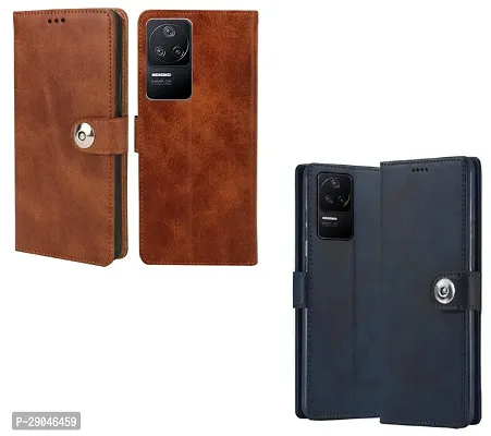 COVERBLACK POCO F4 5G Combo 2 Flip Cover | Wallet Stylish Button Magnetic Leather Case for POCO F4 5G - Blue / Brown-thumb2