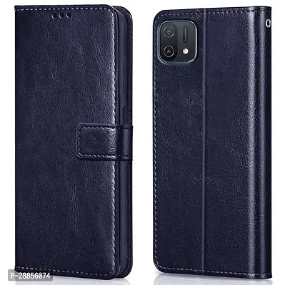 Classy Grip Case Artificial Leather And Rubber Flip Cover For Oppo A16E - Blue-thumb0