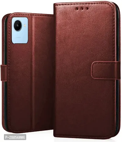 Classy Shock Proof Artificial Leather And Rubber Flip Cover For Realme C30 - Brown