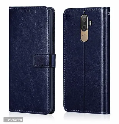 COVERBLACK Dual Protection Artificial Leather::Rubber Flip Cover for Lenovo K8 Plus - Navy Blue-thumb0