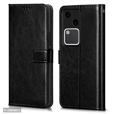 COVERBLACK Leather Finish imported TPU Wallet Stand Magnetic Closure Flip Cover for Vivo V30 5G - Starry Black-thumb0