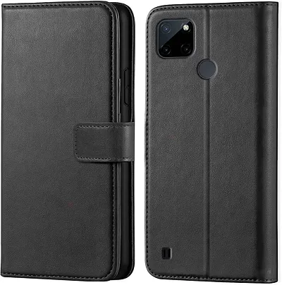Cloudza Realme C21Y Flip Back Cover | PU Leather Flip Cover Wallet Case with TPU Silicone Case Back Cover for Realme C21Y Black
