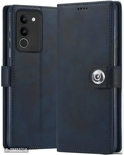 Classy Matte Finish Artificial Leather And Silicon Flip Cover For Vivo V2307 / Vivo_Y200 5G - Navy Blue-thumb0