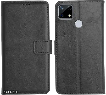 COVERBLACK Dual Protection Artificial Leather::Rubber Flip Cover for Realme RMX2195 / C15 / C12 - Charcoal Black-thumb0