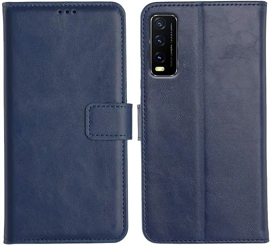 Cloudza Vivo Y20 Flip Back Cover | PU Leather Flip Cover Wallet Case with TPU Silicone Case Back Cover for Vivo Y20 Blue