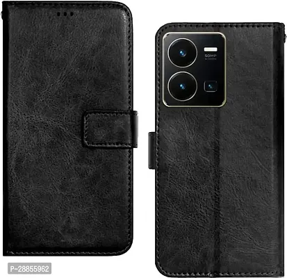 Classy Cases With Holder Artificial Leather And Rubber Flip Cover For Vivo Y35 - Vintage Case Black-thumb0