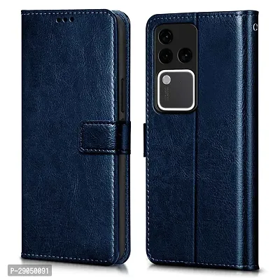 COVERBLACK Leather Finish imported TPU Wallet Stand Magnetic Closure Flip Cover for Vivo V30 Pro 5G - Navy Blue-thumb0
