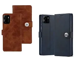 COVERBLACK Tecno POP 7 Pro Combo 2 Flip Cover | Wallet Stylish Button Magnetic Leather Case for Tecno POP 7 Pro - Blue / Brown-thumb1