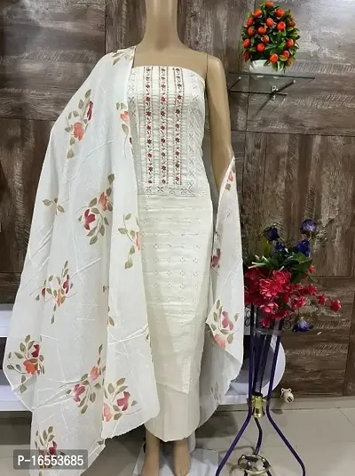 Elegant Off White Cotton  Dress Material with Dupatta For Women-thumb0