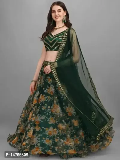 Stylish Green Satin Embroidered Lehenga Choli with Dupatta Set For Women-thumb0