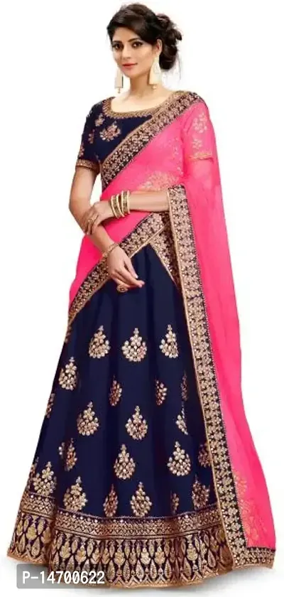 Stylish Navy Blue Satin Embroidered Lehenga Choli with Dupatta Set For Women-thumb0