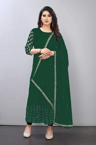 Alluring Georgette Embroidered Moti Work Long Kurta with Net Dupatta For Women