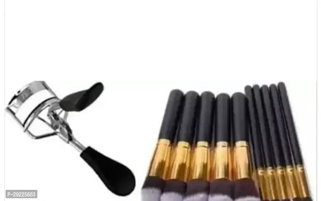 Premium Eye Lash Curler Ec-02 And Synthetic Makeup Brush Set Pack Of 11