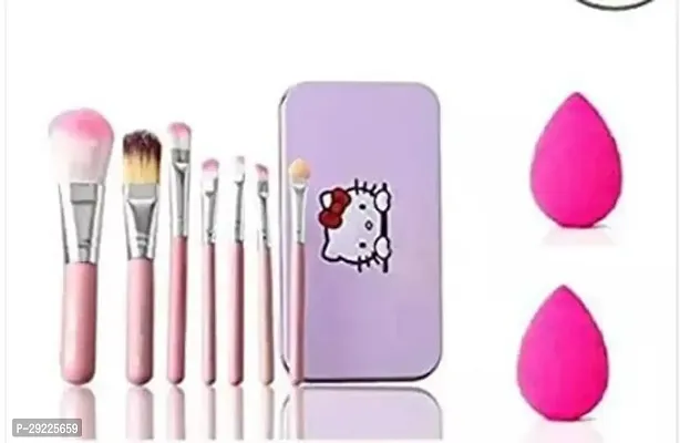 Hello Kitty Complete Makeup Brush Kit With A Storage Box Set Of 7 Pieces + 2 Sponge Puff