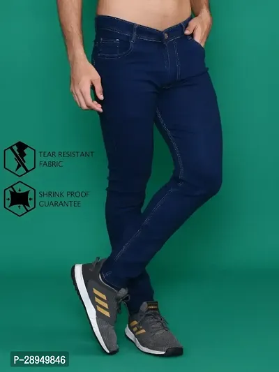 Stylish Navy Blue Denim Solid Mid-Rise Jeans For Men-thumb0