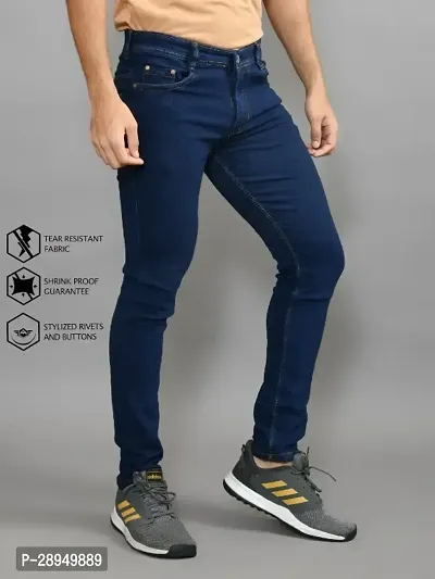 Stylish Navy Blue Denim Solid Mid-Rise Jeans For Men