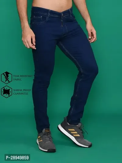 Stylish Navy Blue Denim Solid Mid-Rise Jeans For Men-thumb0