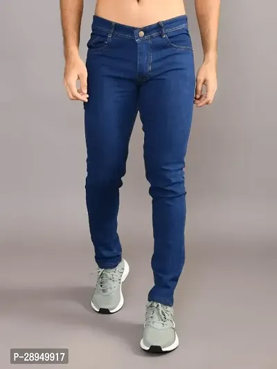 Stylish Navy Blue Denim Solid Mid-Rise Jeans For Men-thumb2