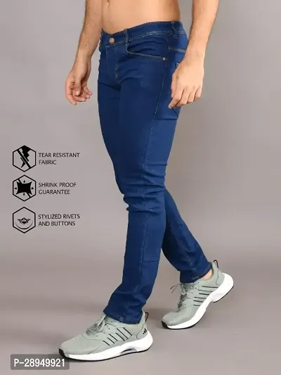 Stylish Navy Blue Denim Solid Mid-Rise Jeans For Men