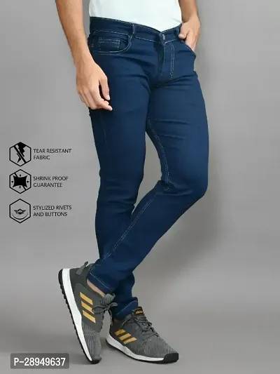 Stylish Blue Denim Solid Mid-Rise Jeans For Men-thumb0