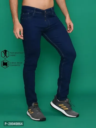 Stylish Navy Blue Denim Solid Mid-Rise Jeans For Men-thumb0