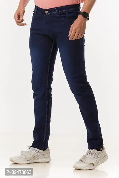 Comfortable Blue Denim Mid-Rise Jeans For Men